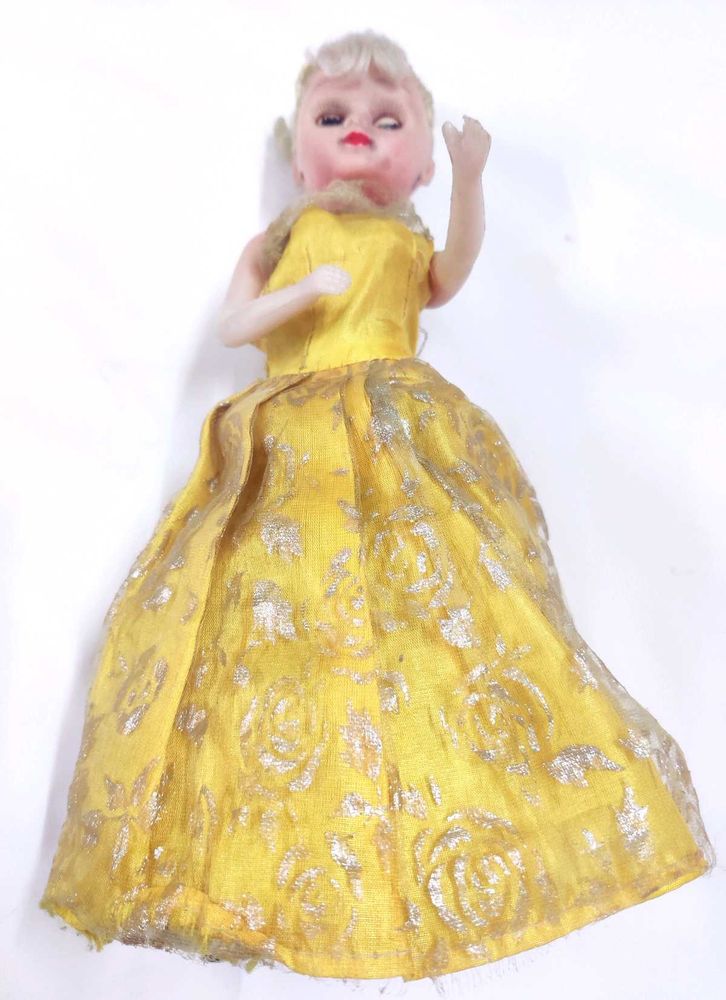 Vintage Toy Doll in Yellow Brocade Dress