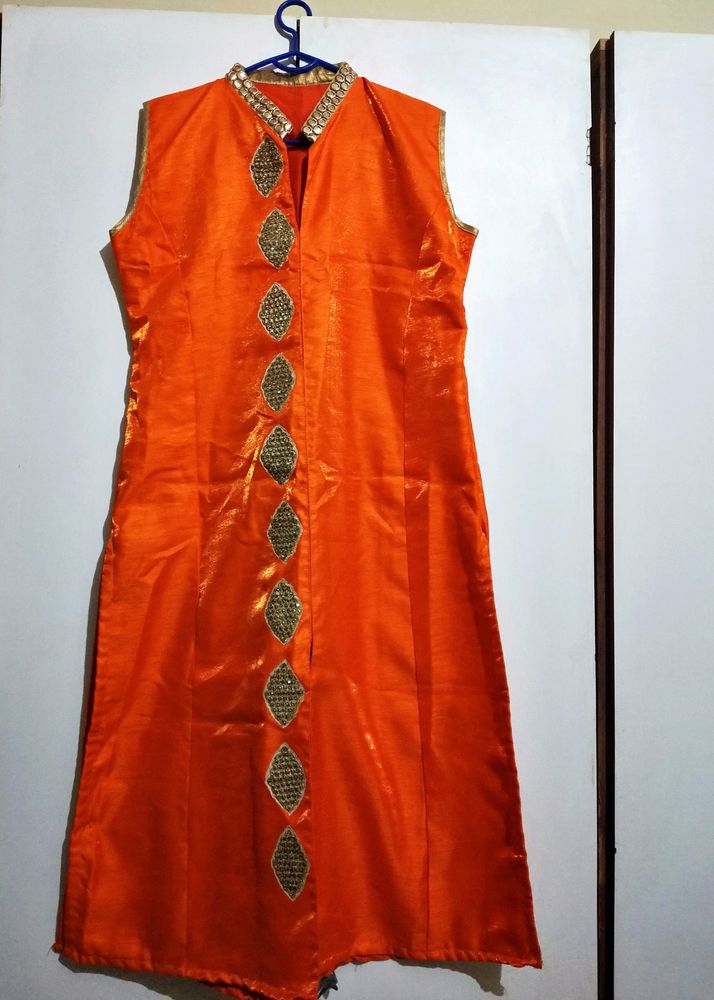 Women Orange Mirror Work Neck Embroidered Kurta