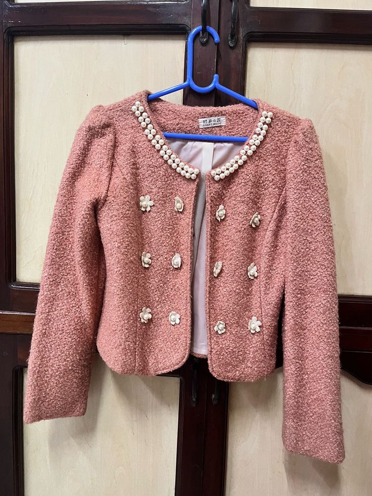 Chic Pearl Embellished Textured Coat