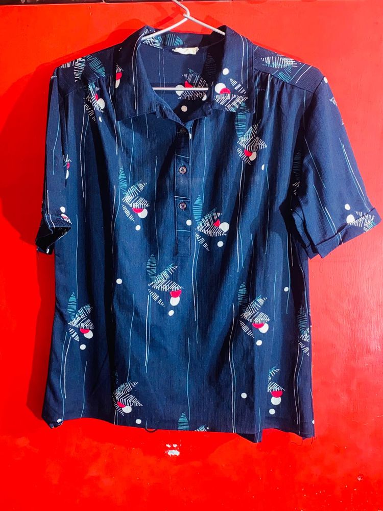 Vintage Patterned Navy Button-Up Top