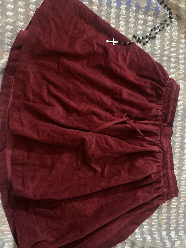 Maroon Velvet Skirt with Cross Charm