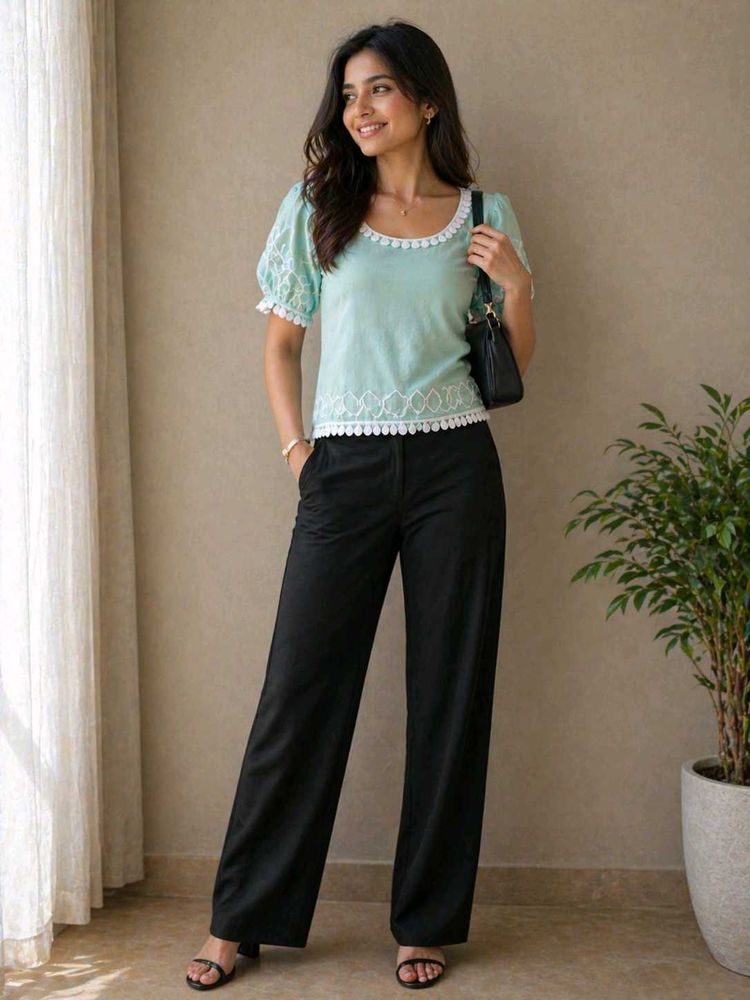 Pastel Puff Sleeve Top with Lace Trim