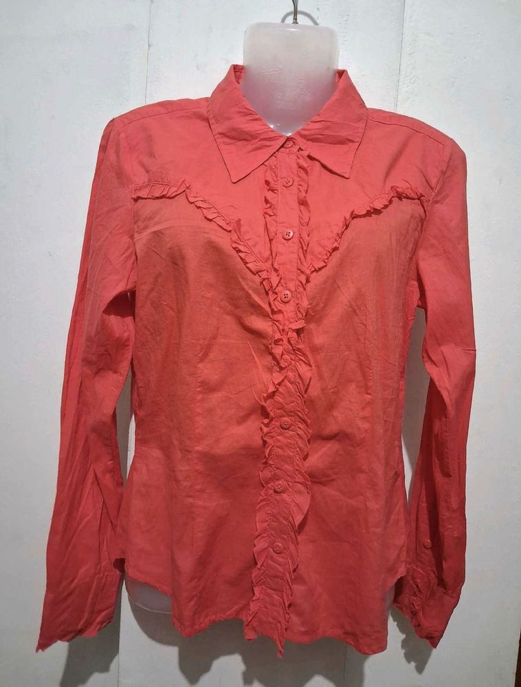 Coral Ruffled Button-Up Shirt