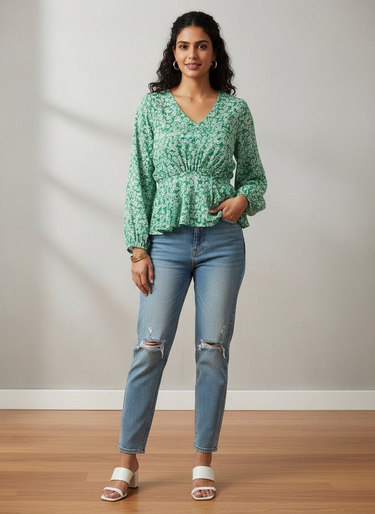 Green Floral Long Sleeve Top