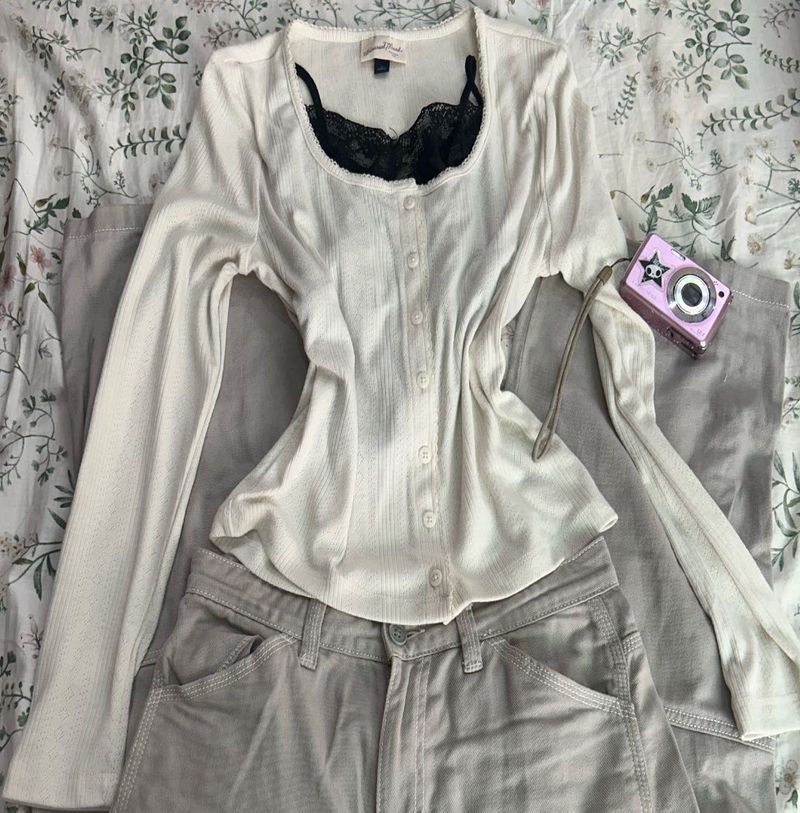 Cream Ribbed Button-Up Top