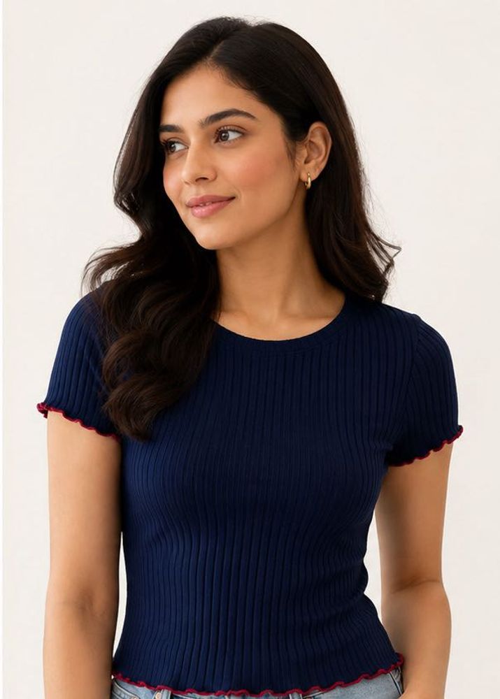 Navy Blue Ribbed Lettuce Trim Top