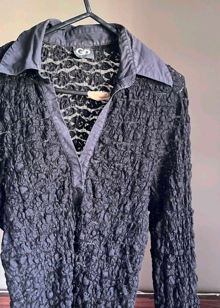 Black Textured Collared Top