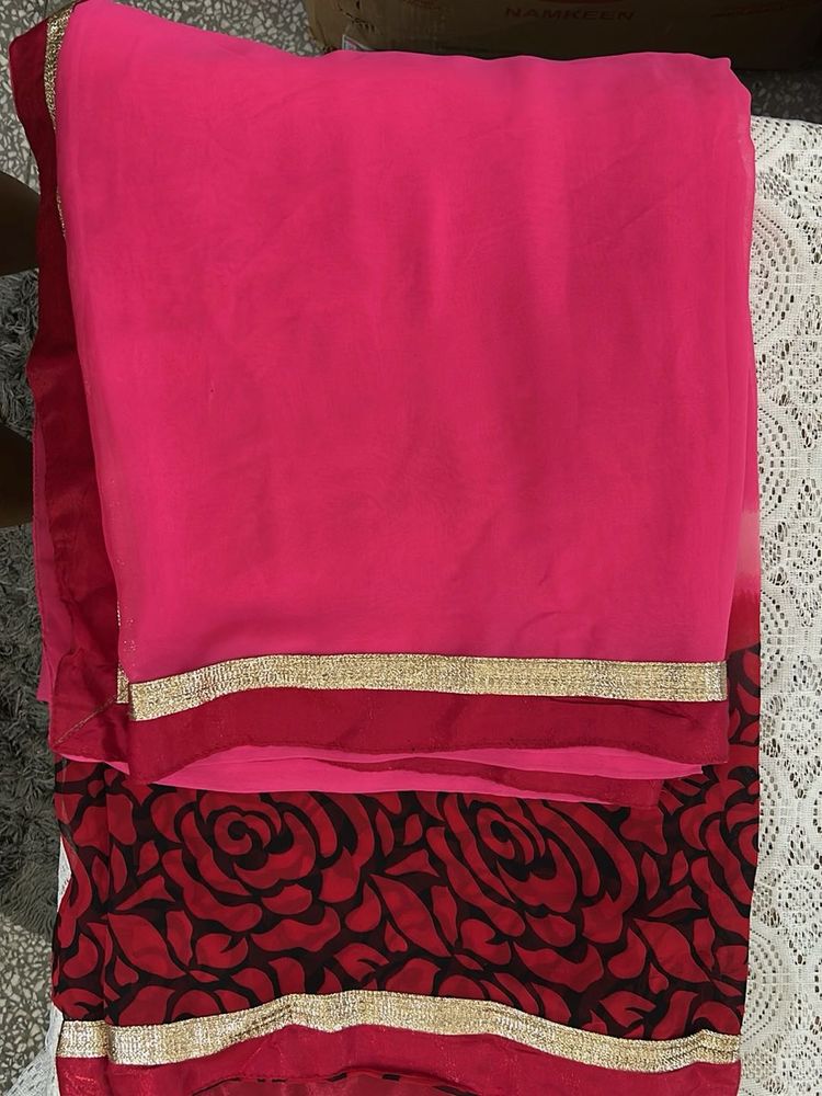 Vibrant Pink &amp; Red Floral Saree