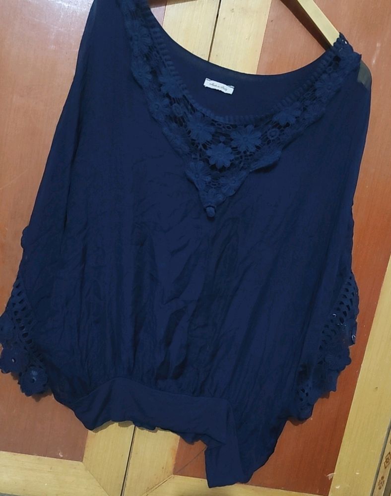 Navy Crochet Detail Blouse