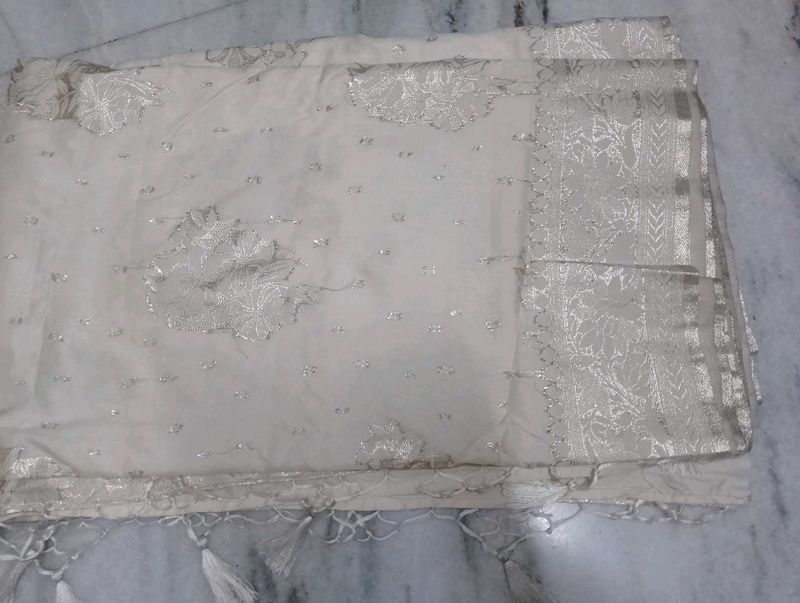 Elegant Off-White Embellished Saree