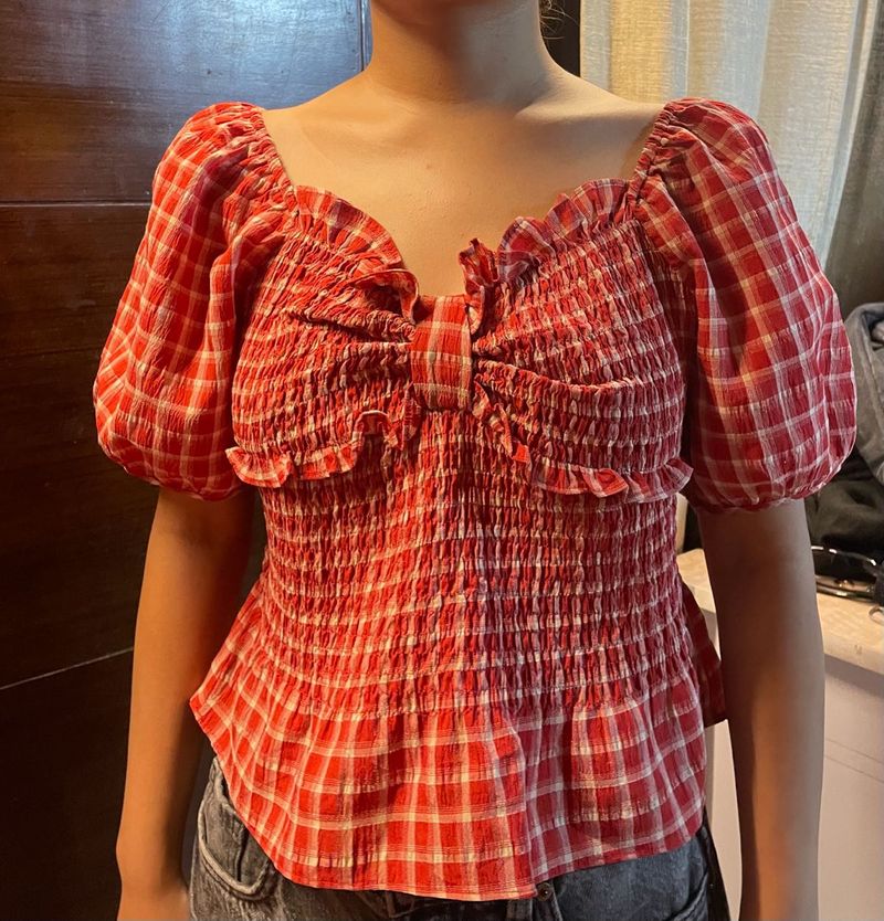 Red Plaid Smocked Puff Sleeve Top