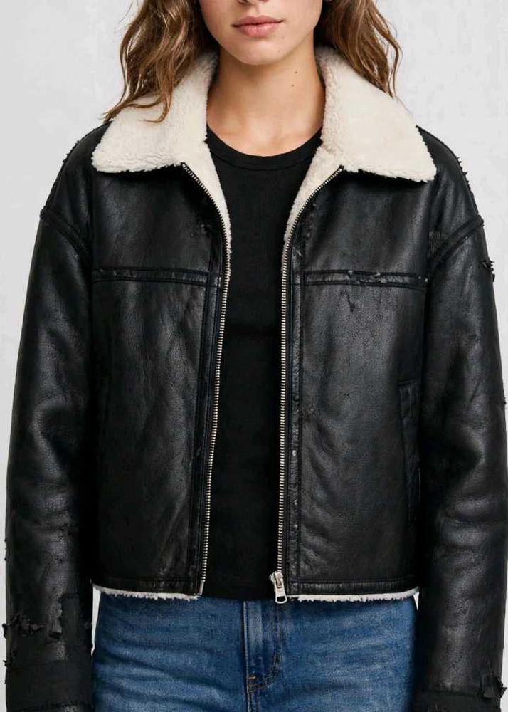 Cropped Aviator Sherpa Jacket-Black/Cream