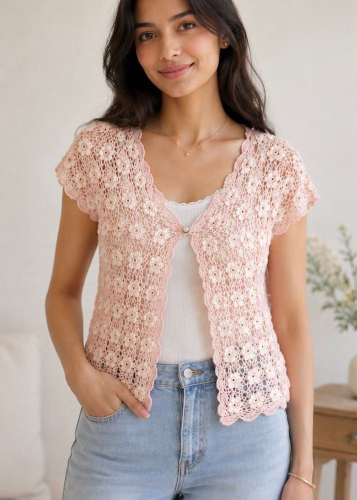 korean Pink Crochet Floral Cardigan