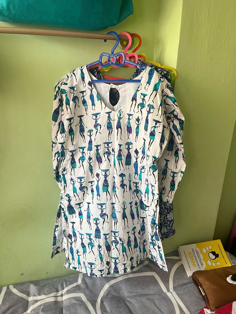 White Kurta with Folk Art Print