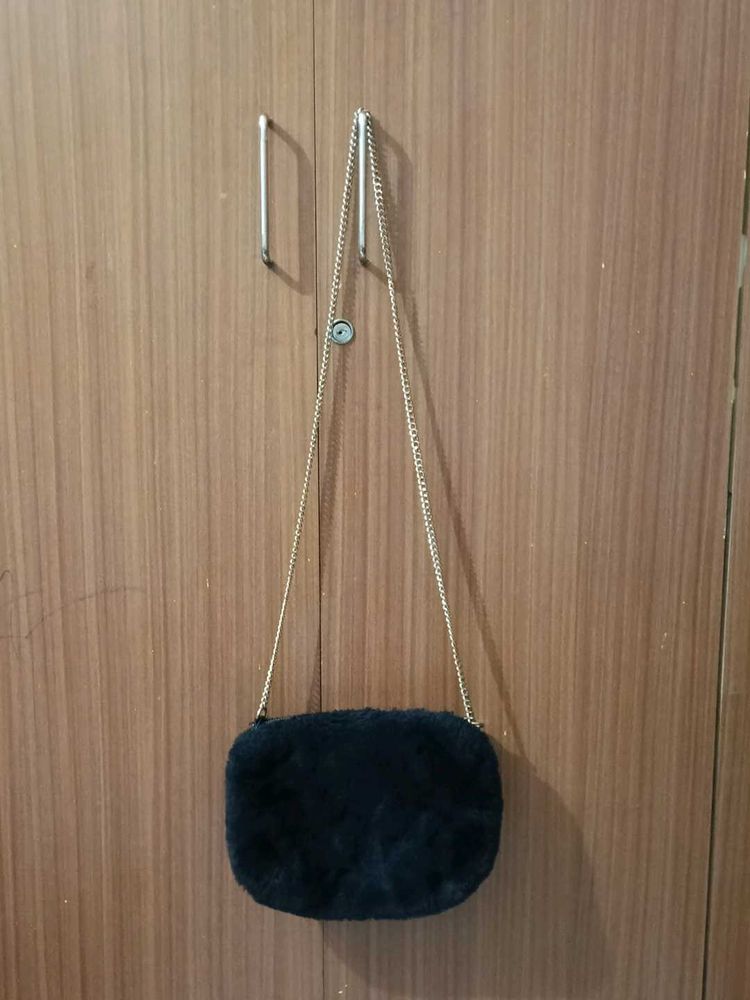 Black Faux Fur Sling Bag with Gold Chain