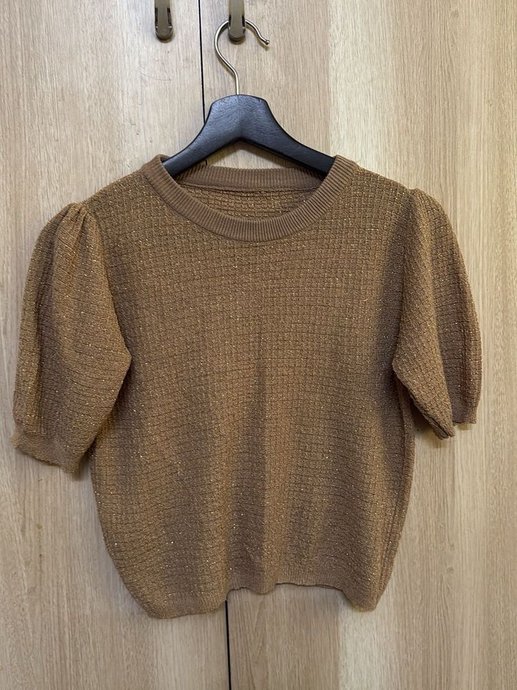 Brown Puff Sleeve Knit Top