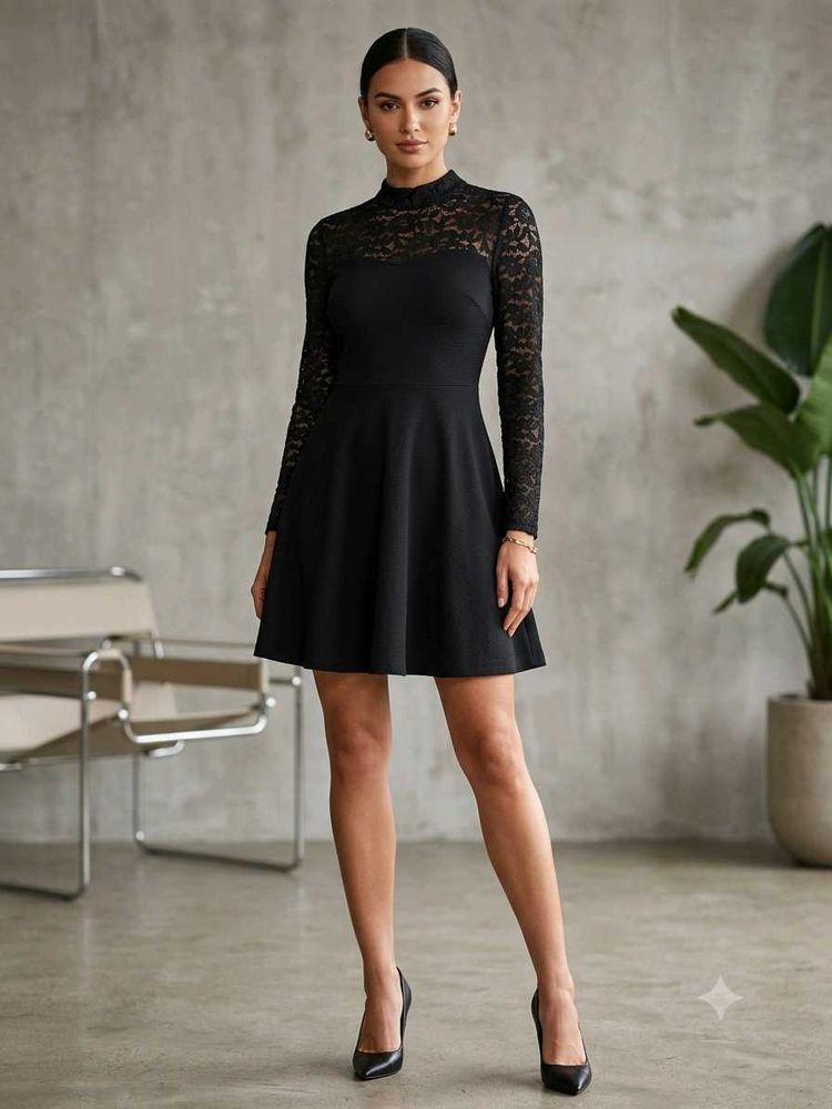 Black Lace High-Neck Fit and Flare Skater Dress