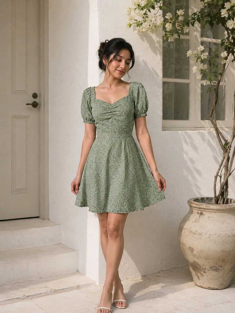 Cute Green Floral Puff Sleeve Mini Dress