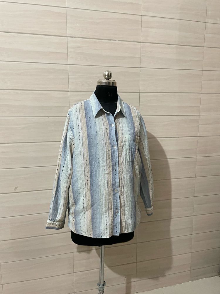 Oversized Striped Long Sleeve Button-Up Shirt