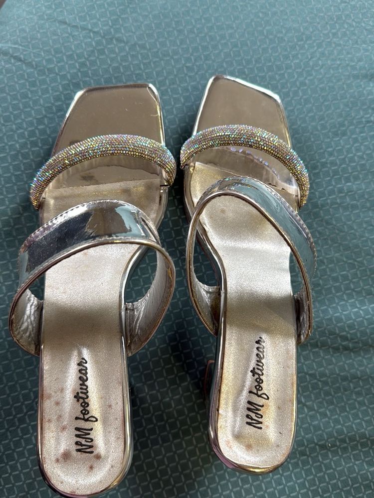 Sparkling Silver Block Heels