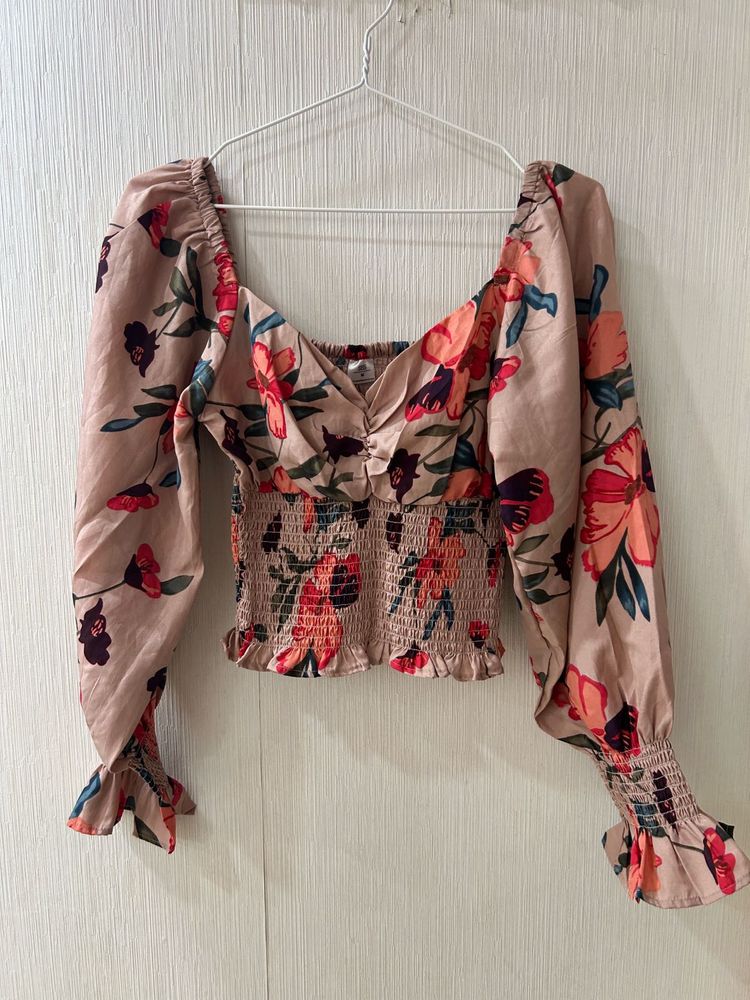 Floral Smocked Long Sleeve Crop Top