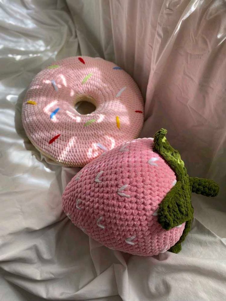 Crocheted Donut OR Strawberry Plush Pillows