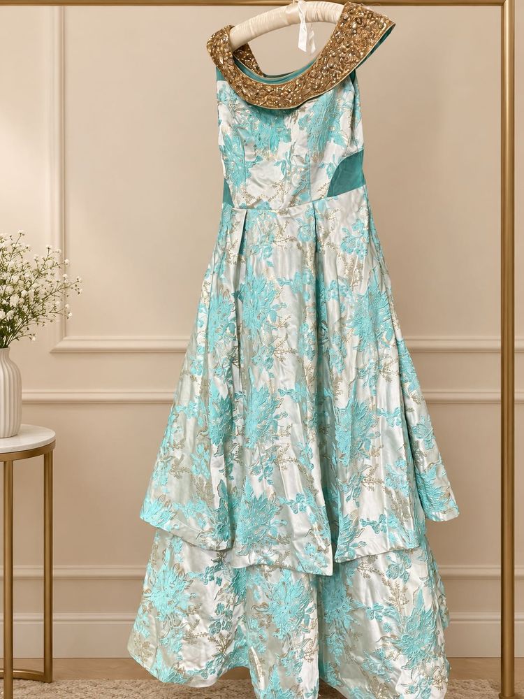 Stunning Teal Brocade Tiered Gown