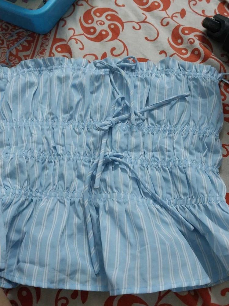 Blue &amp; White Striped Smocked Tube Top