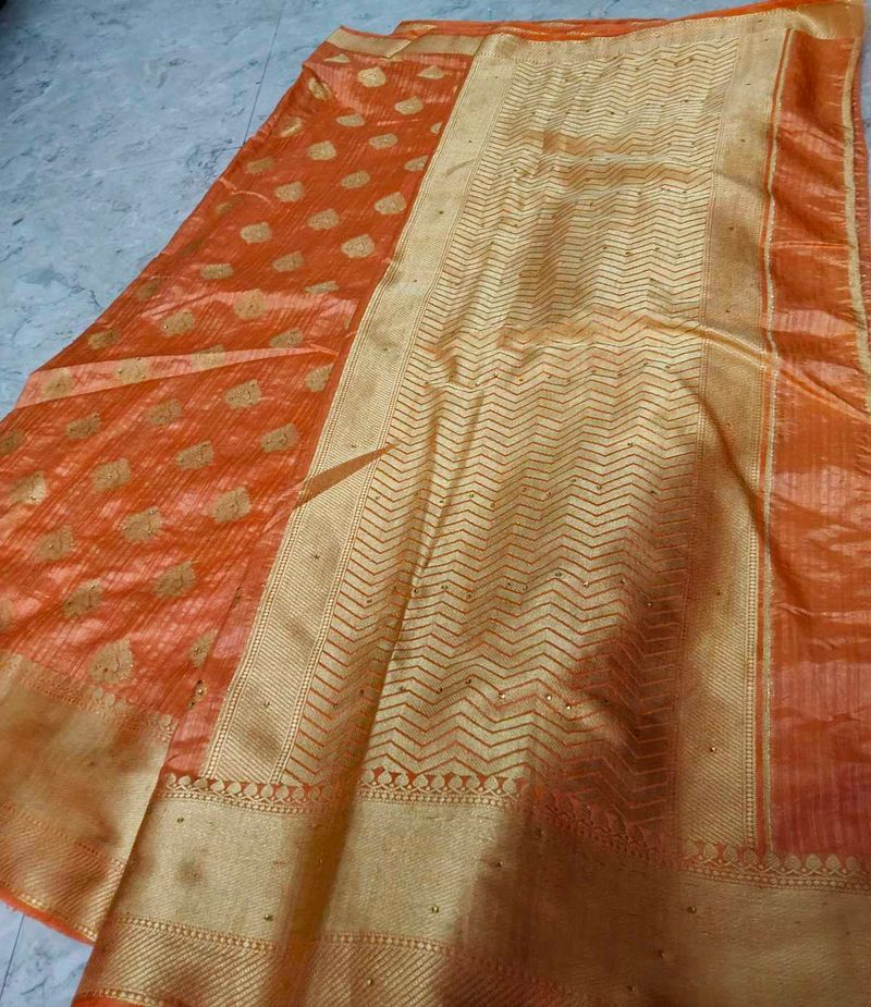Beautiful Orange Saree with Golden Border