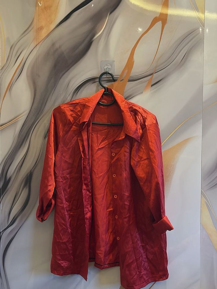 Chic Red Satin Button-Up Shirt