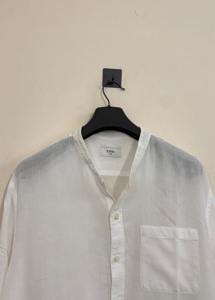 Men's White Band Collar Shirt