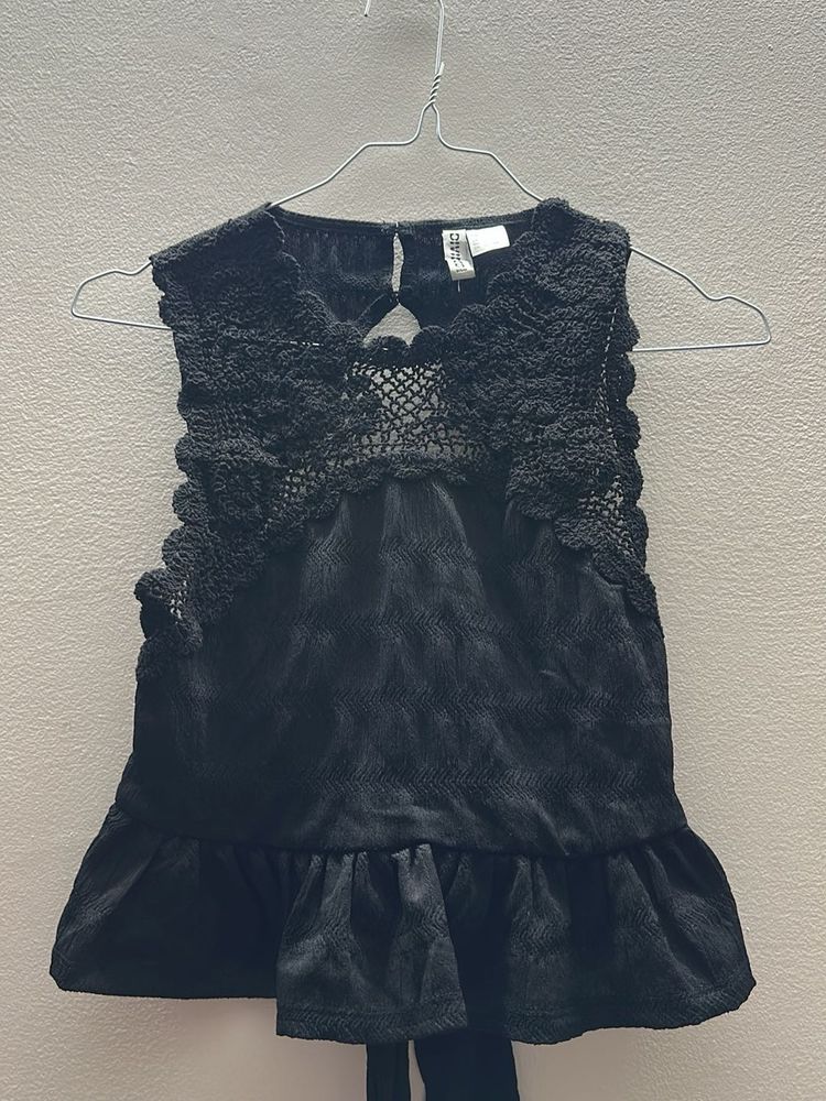 Black Textured Peplum Top with Crochet Trim