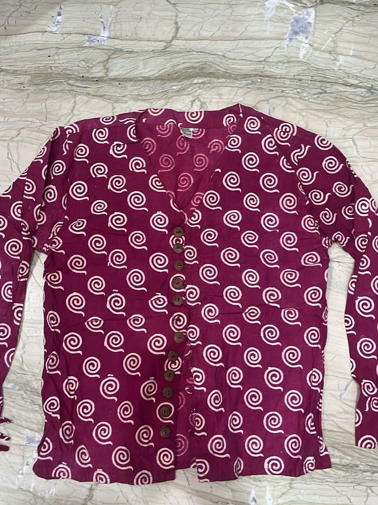 Maroon Printed Cotton Kurta