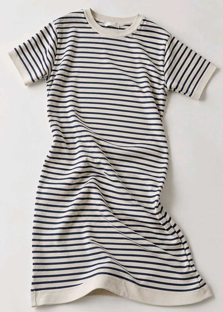 BLACK &amp; IVORY STRIPED SHORT SLEEVE MIDI DRESS