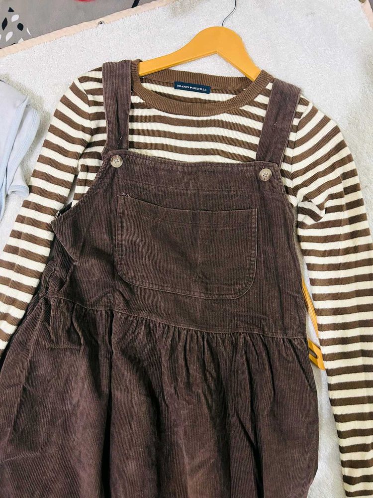 Women's Striped Long Sleeve Top &amp; Brown Overalls