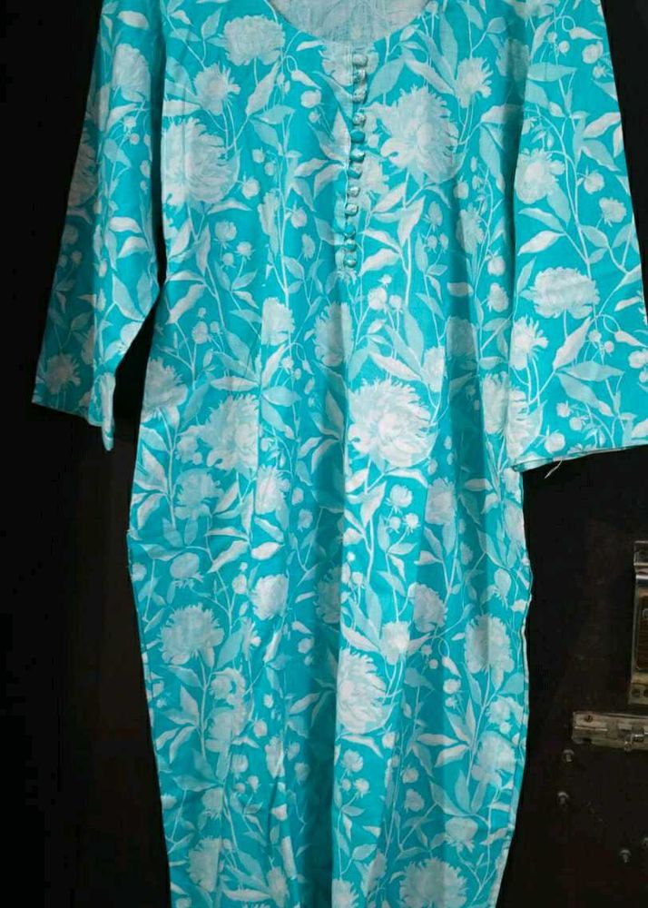 Aqua Blue Floral Print cotton suit