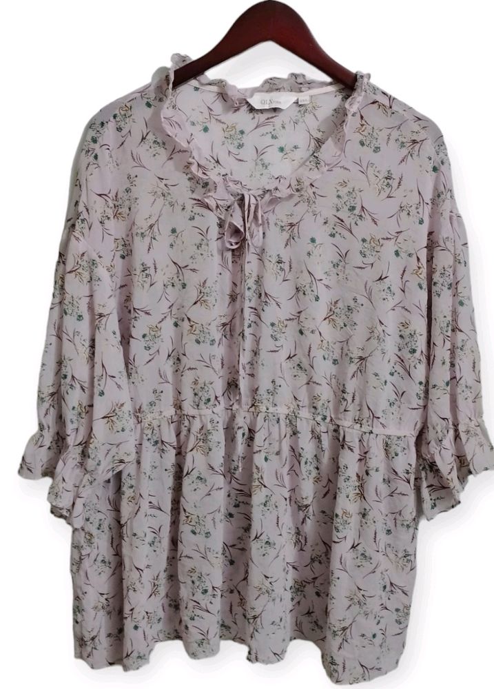 Floral Ruffle Trim Tie Neck Top