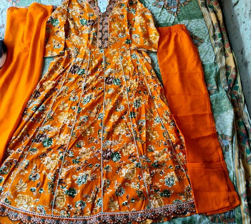 Orange Floral Kurta Set