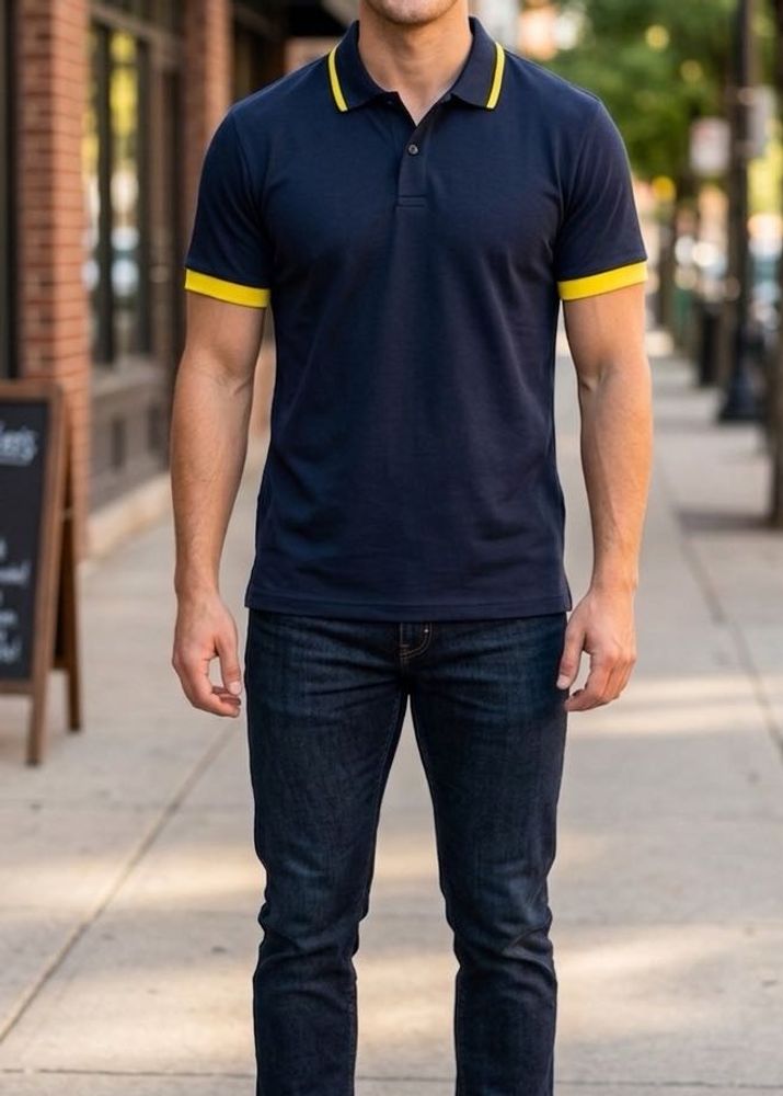 Men's Navy Polo T-Shirt with Yellow Accents