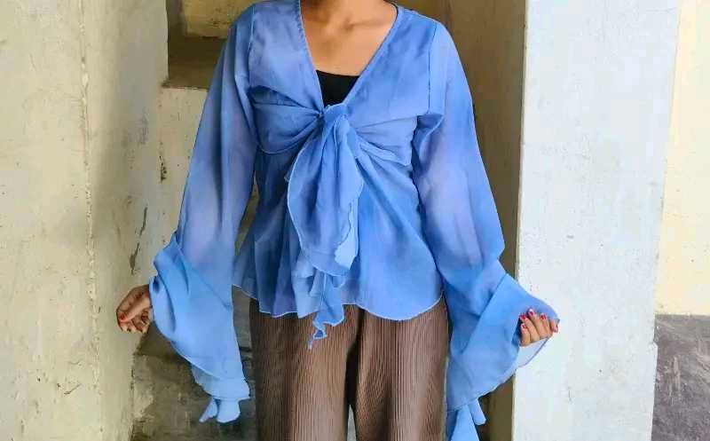 Blue Tie-Front Chiffon Top
