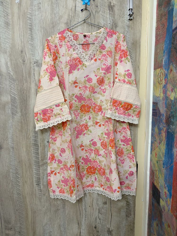 Floral Print Kurta with Lace Trim co ord set