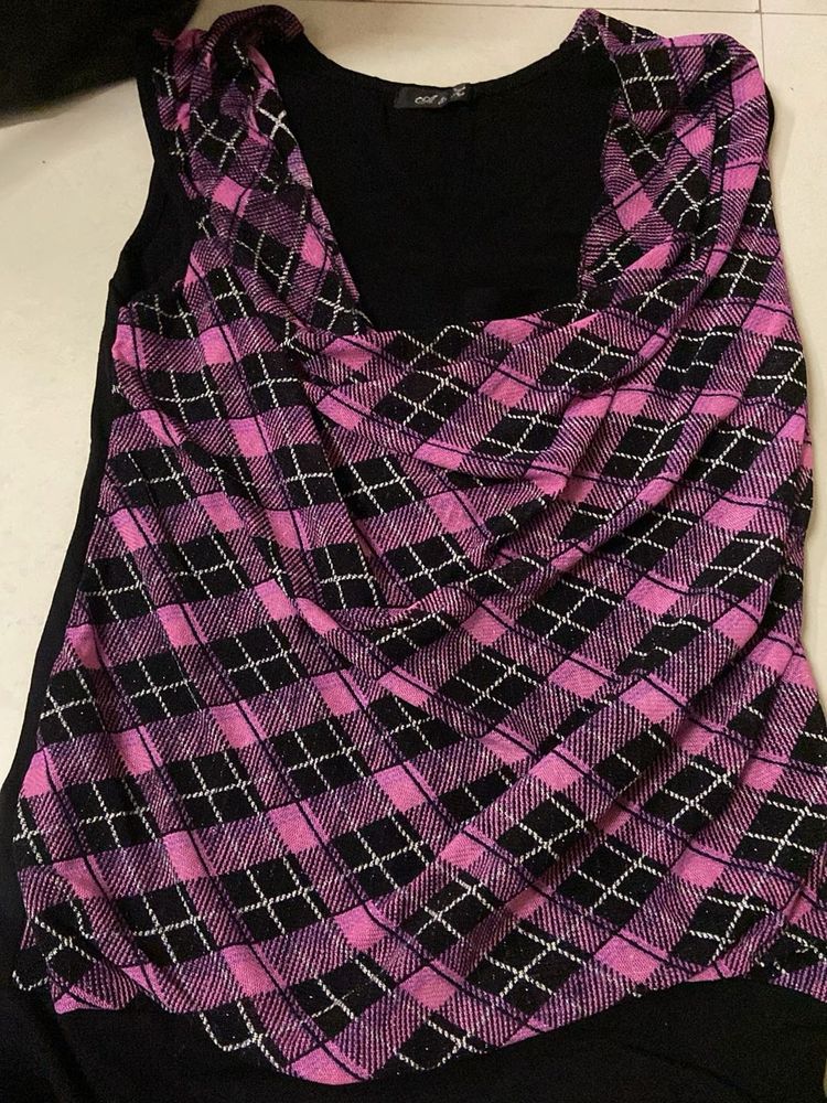 Pink Plaid Cowl Neck Top