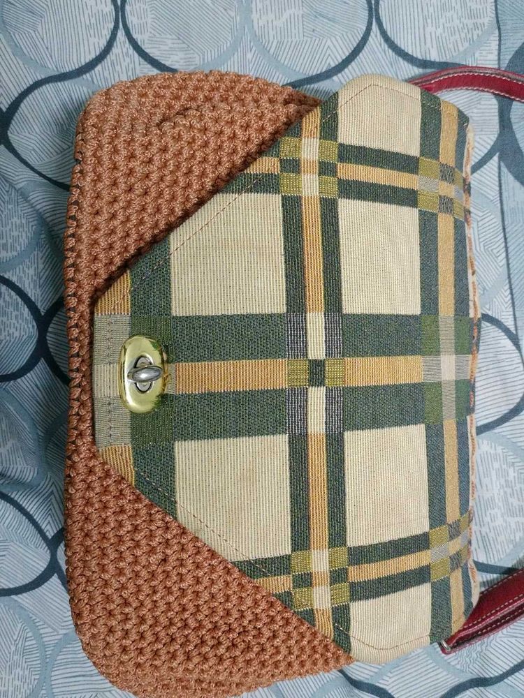 Unique Plaid &amp; Crochet Crossbody Bag