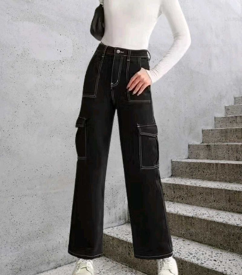 Black Cargo Pants with White Stitching design