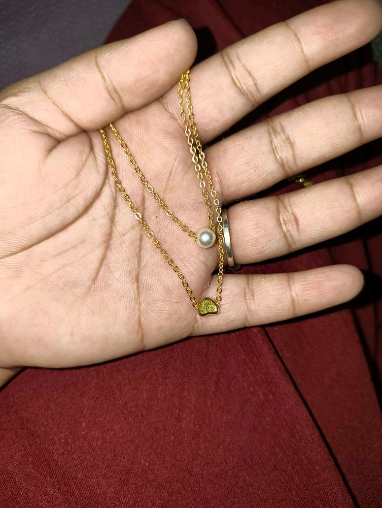 Gold Layered Necklace with Pearl and Heart