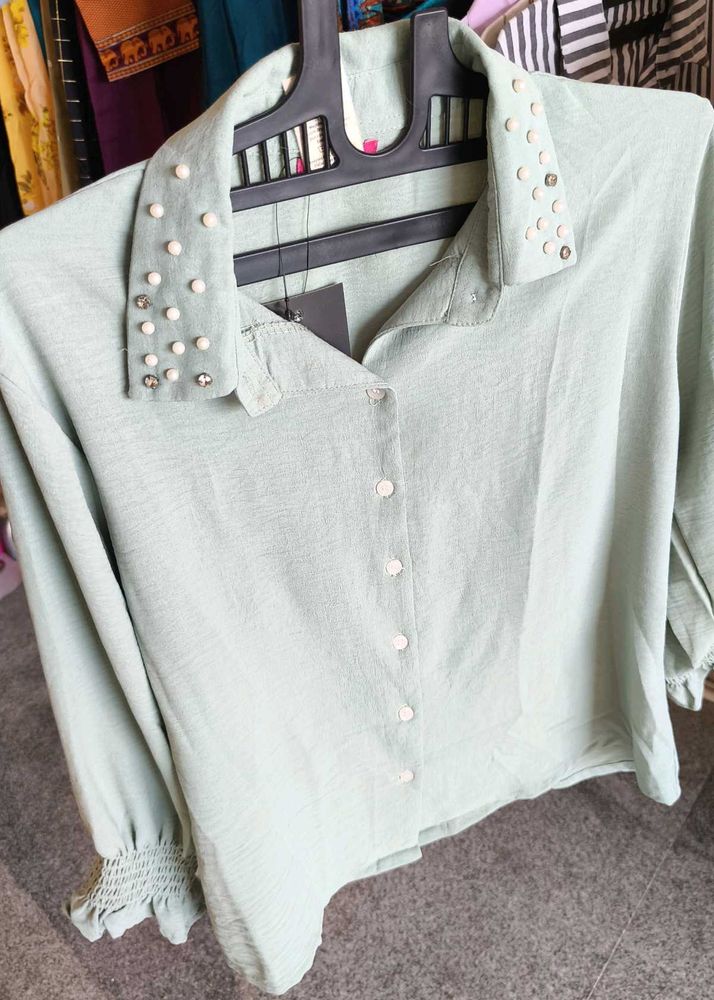 Chic Pearl Embellished Collared Blouse