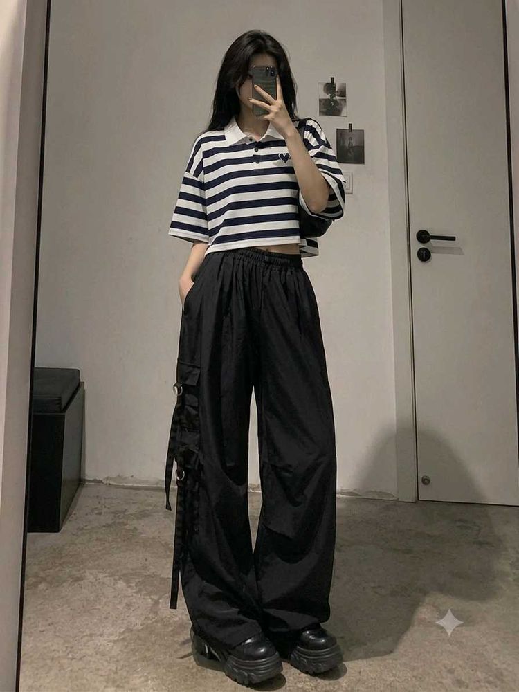 Navy &amp; White Striped Polo Crop Top
