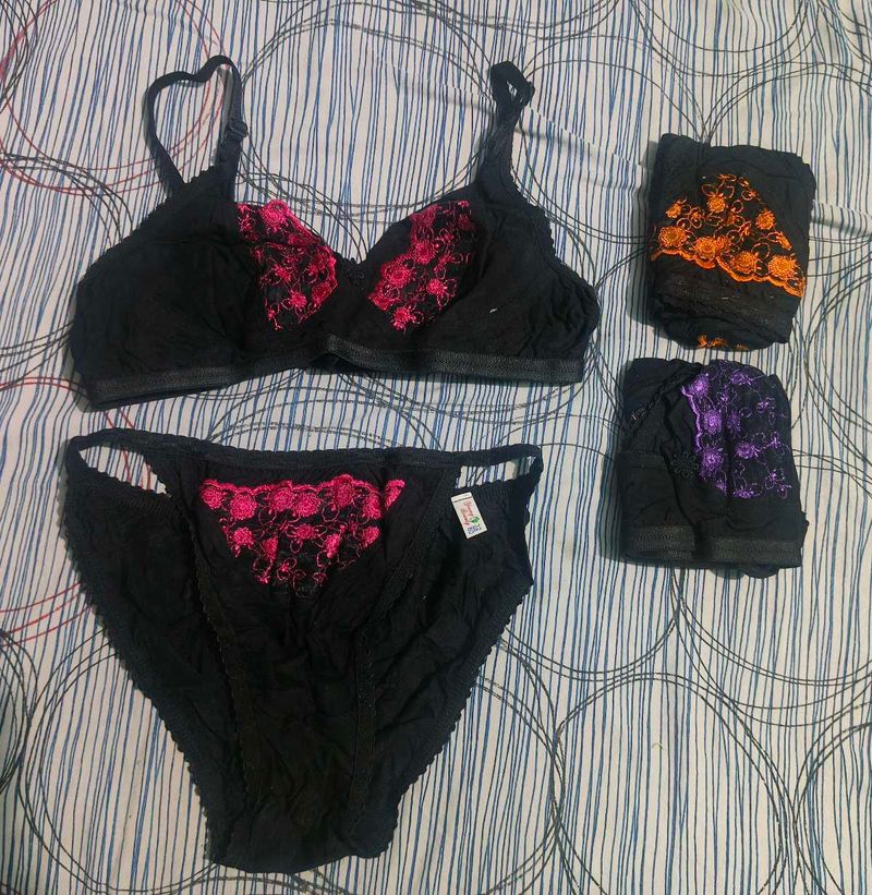 Black Embroidered Lingerie Set- 3 Floral colours