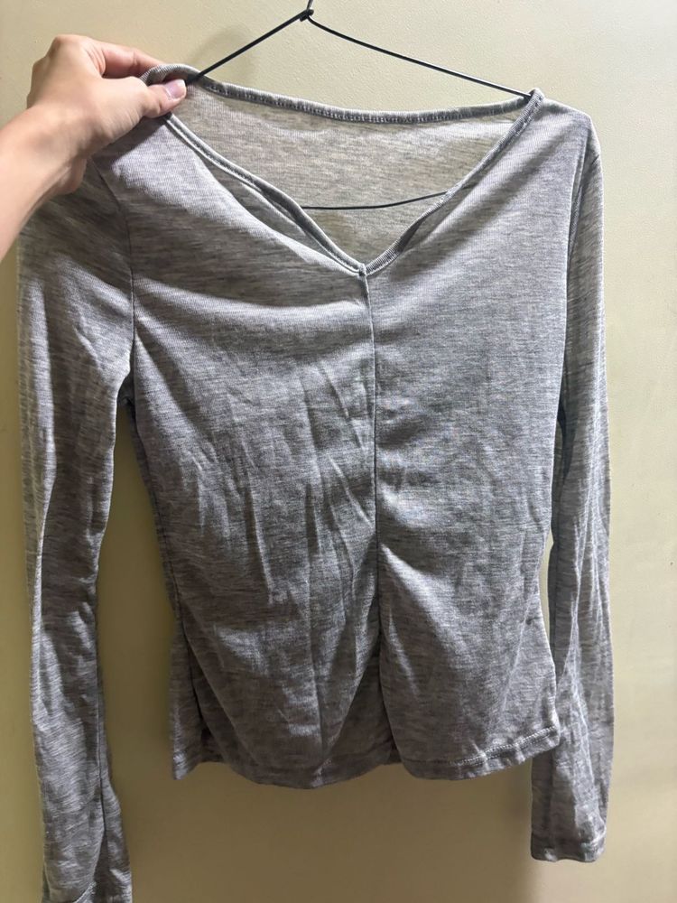 Grey Long Sleeve V-Neck Top