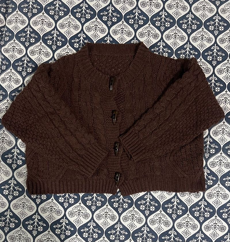 Brown Cable Knit Cardigan Sweater